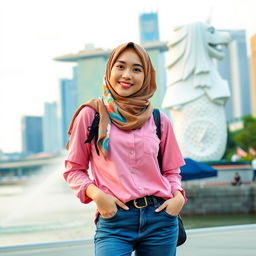 A beautiful Korean woman wearing a colorful hijab and a stylish pink Muslim shirt, paired with trendy skate shoes
