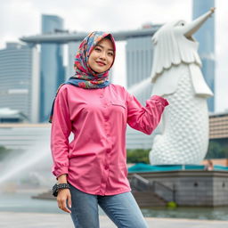 A beautiful Korean woman wearing a colorful hijab and a stylish pink Muslim shirt, paired with trendy skate shoes