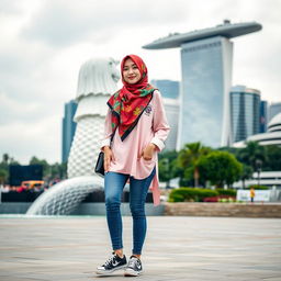 A beautiful Korean woman wearing a colorful hijab and a stylish pink Muslim shirt, paired with trendy skate shoes