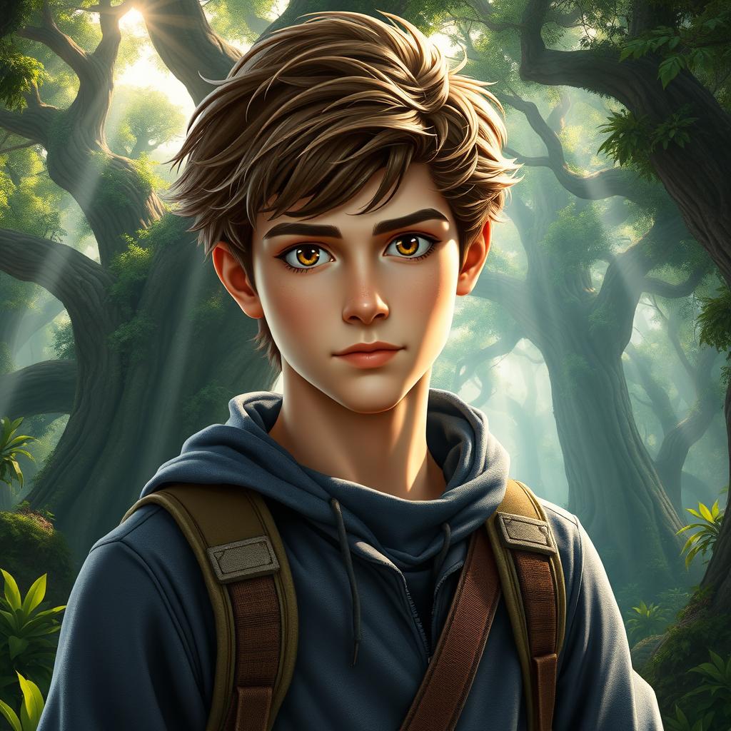 A fantasy book cover depicting a character who is the son of Hephaestus, resembling Noah Urrea