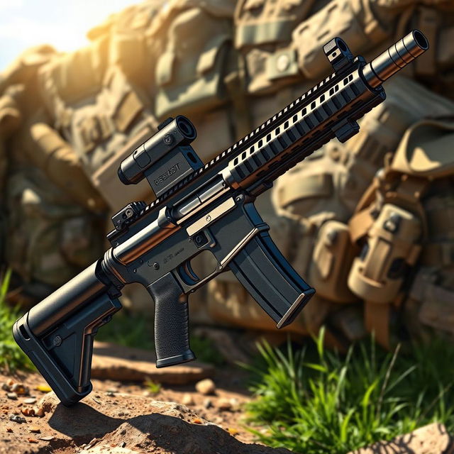 A detailed and realistic illustration of an M4 Carbine rifle, showcasing its sleek design and features such as the collapsible stock, handguard, and integral rail system