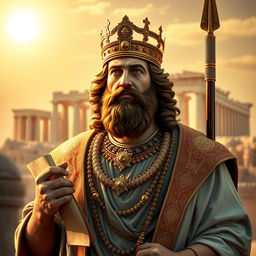 A majestic portrait of Cyrus the Great, the illustrious king of Persia, depicted in a regal and commanding pose