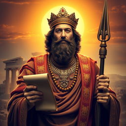 A majestic portrait of Cyrus the Great, the illustrious king of Persia, depicted in a regal and commanding pose