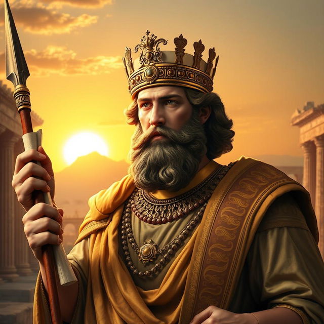 A majestic portrait of Cyrus the Great, the illustrious king of Persia, depicted in a regal and commanding pose