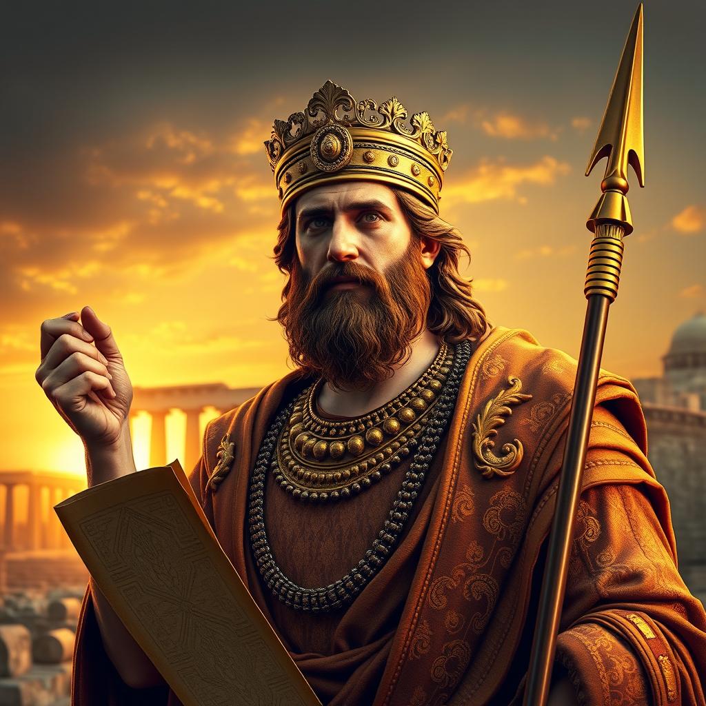 A majestic portrait of Cyrus the Great, the illustrious king of Persia, depicted in a regal and commanding pose