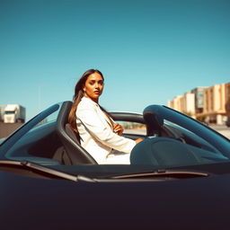 A woman elegantly seated in a McLaren sports car, showcasing the vehicle's sleek design and luxurious interior