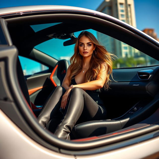 A woman elegantly seated in a McLaren sports car, showcasing the vehicle's sleek design and luxurious interior