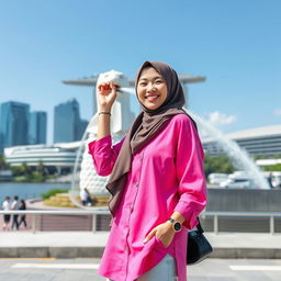 A beautiful Korean woman wearing a stylish hijab, dressed in a vibrant pink Muslim shirt paired with trendy skate shoes