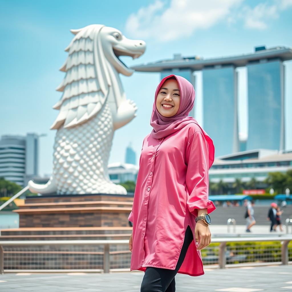 A beautiful Korean woman wearing a stylish hijab, dressed in a vibrant pink Muslim shirt paired with trendy skate shoes