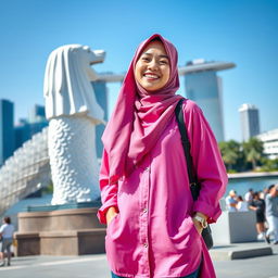 A beautiful Korean woman wearing a stylish hijab, dressed in a vibrant pink Muslim shirt paired with trendy skate shoes