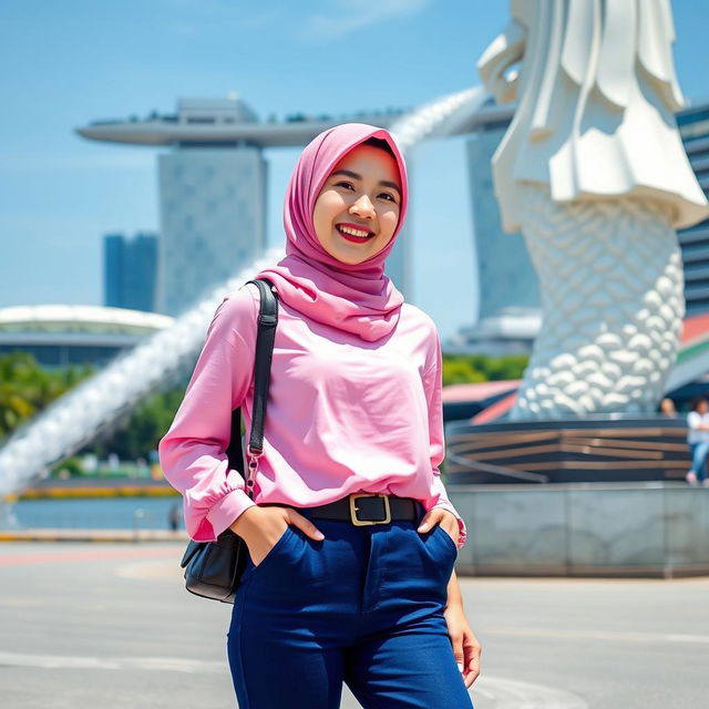 A beautiful Korean woman wearing a stylish hijab, dressed in a vibrant pink Muslim shirt paired with trendy skate shoes