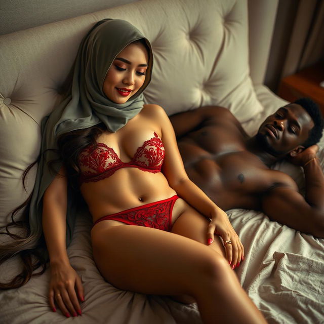 A sensual bedroom scene featuring a stunning Chinese woman wearing a hijab and a French red thong, her beauty accentuated by elegant lingerie