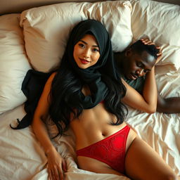 A sensual bedroom scene featuring a stunning Chinese woman wearing a hijab and a French red thong, her beauty accentuated by elegant lingerie