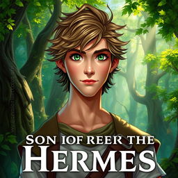 A fantasy book cover featuring a character who is the son of Hermes, aged 17