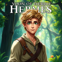 A fantasy book cover featuring a character who is the son of Hermes, aged 17