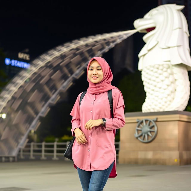 A beautiful Korean woman wearing a hijab, dressed in a stylish pink Muslim shirt and skate shoes, standing confidently in front of the iconic Merlion statue in Singapore