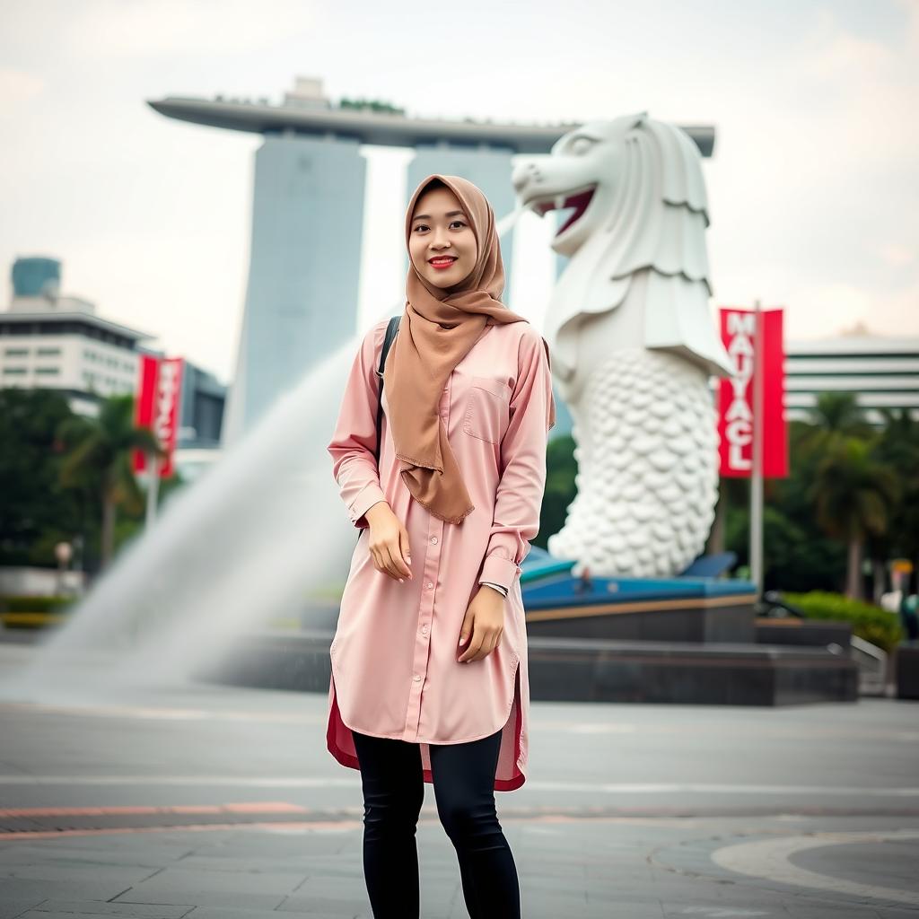 A beautiful Korean woman wearing a hijab, dressed in a stylish pink Muslim shirt and skate shoes, standing confidently in front of the iconic Merlion statue in Singapore