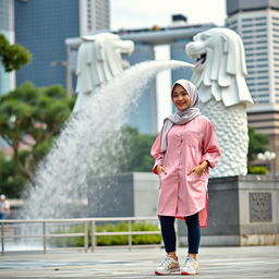 A beautiful Korean woman wearing a hijab, dressed in a stylish pink Muslim shirt and skate shoes, standing confidently in front of the iconic Merlion statue in Singapore