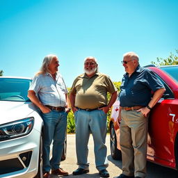 Three elderly men standing together next to three cars