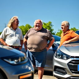 Three elderly men standing together next to three cars