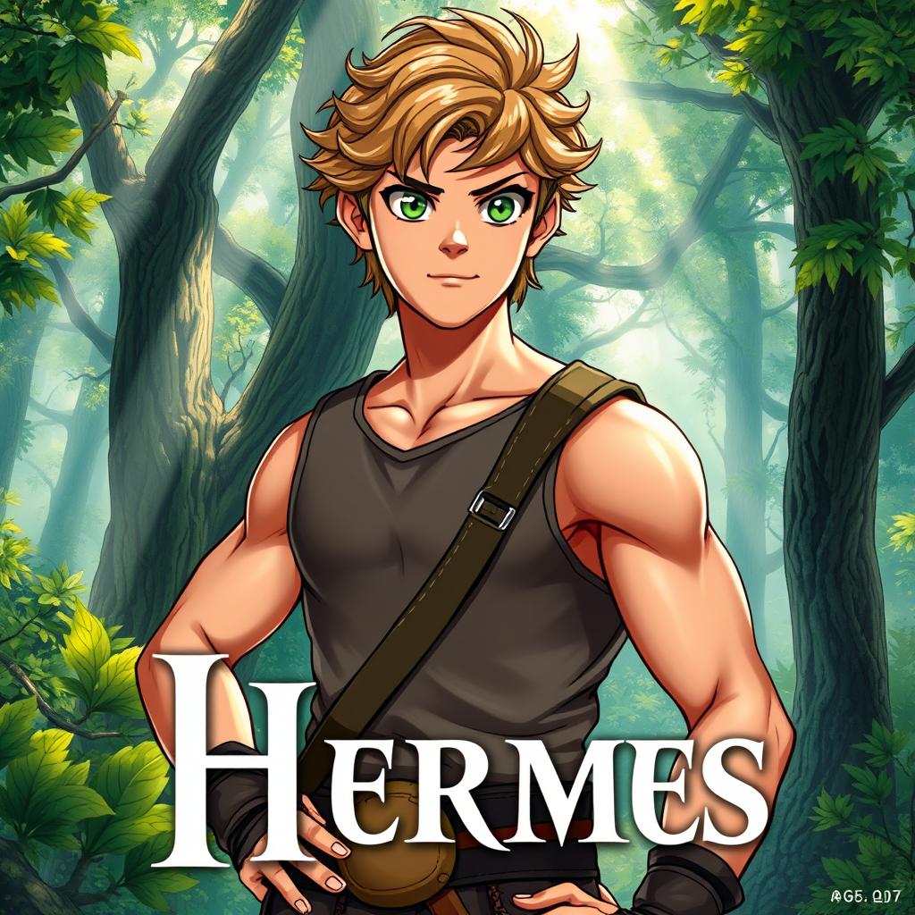 A fantasy book cover featuring a character who is the son of Hermes, aged 17