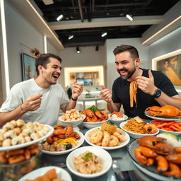 Two male YouTubers in a modern studio setting, one with tied back hair and the other with short hair, both excitedly enjoying a variety of seafood dishes