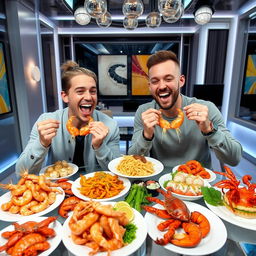 Two male YouTubers in a modern studio setting, one with tied back hair and the other with short hair, both excitedly enjoying a variety of seafood dishes