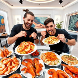 Two male YouTubers in a modern studio setting, one with tied back hair and the other with short hair, both excitedly enjoying a variety of seafood dishes