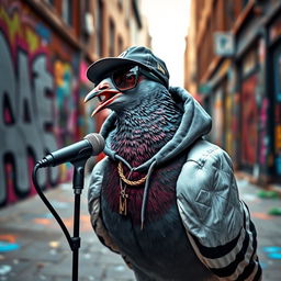 A cool pigeon dressed like a rapper, wearing a stylish cap, oversized hoodie, and sunglasses, standing on a graffiti-covered city street while passionately rapping into a microphone