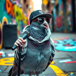 A cool pigeon dressed like a rapper, wearing a stylish cap, oversized hoodie, and sunglasses, standing on a graffiti-covered city street while passionately rapping into a microphone