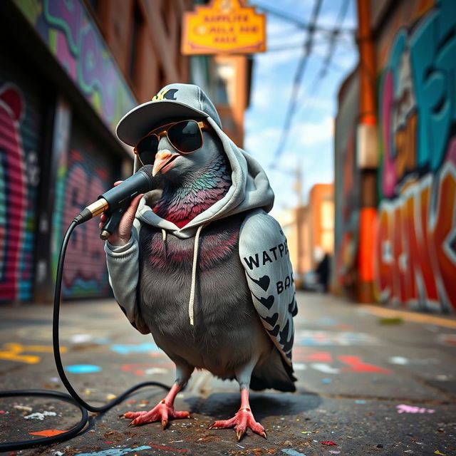 A cool pigeon dressed like a rapper, wearing a stylish cap, oversized hoodie, and sunglasses, standing on a graffiti-covered city street while passionately rapping into a microphone