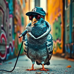 A cool pigeon dressed like a rapper, wearing a stylish cap, oversized hoodie, and sunglasses, standing on a graffiti-covered city street while passionately rapping into a microphone