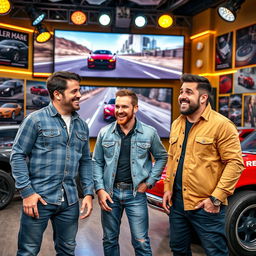 A vibrant and dynamic scene featuring the main presenters of an iconic automotive show