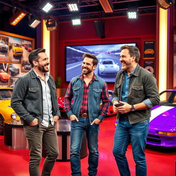 A vibrant and dynamic scene featuring the main presenters of an iconic automotive show