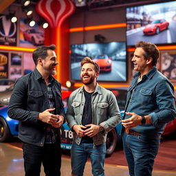 A vibrant and dynamic scene featuring the main presenters of an iconic automotive show