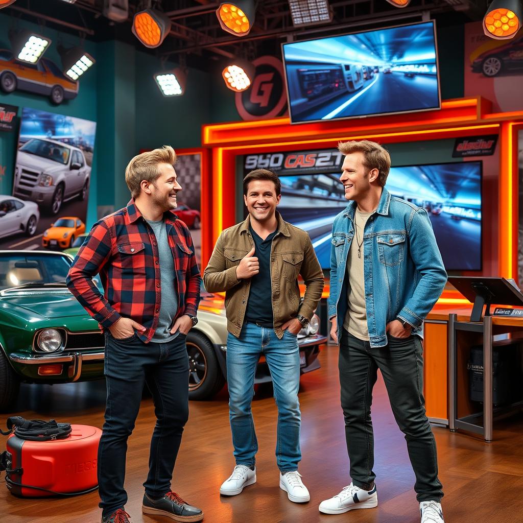 A vibrant and dynamic scene featuring the main presenters of an iconic automotive show