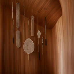 Intricate wall decor artistically hung on a curved wooden wall, showcasing a fusion of rustic charm and modern design.