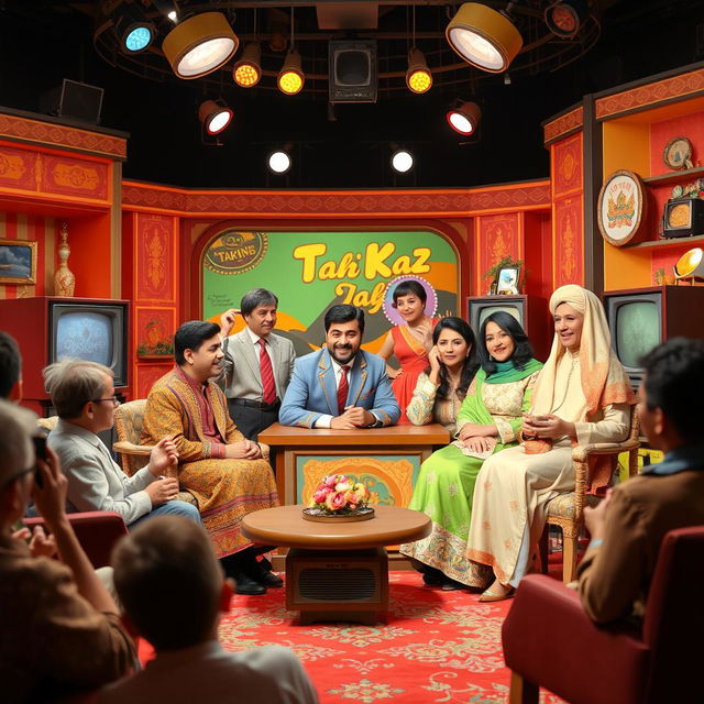 A nostalgic scene depicting the iconic Iranian television program 'Takhteh Kaz', featuring the beloved vintage hosts and performers in a colorful and vibrant studio set