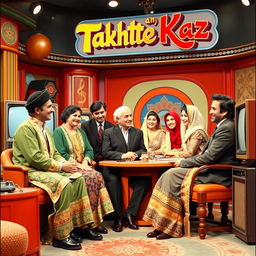 A nostalgic scene depicting the iconic Iranian television program 'Takhteh Kaz', featuring the beloved vintage hosts and performers in a colorful and vibrant studio set