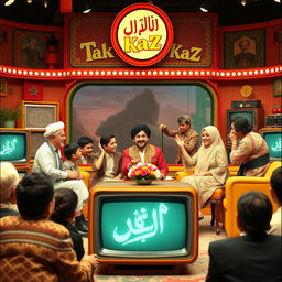 A nostalgic scene depicting the iconic Iranian television program 'Takhteh Kaz', featuring the beloved vintage hosts and performers in a colorful and vibrant studio set