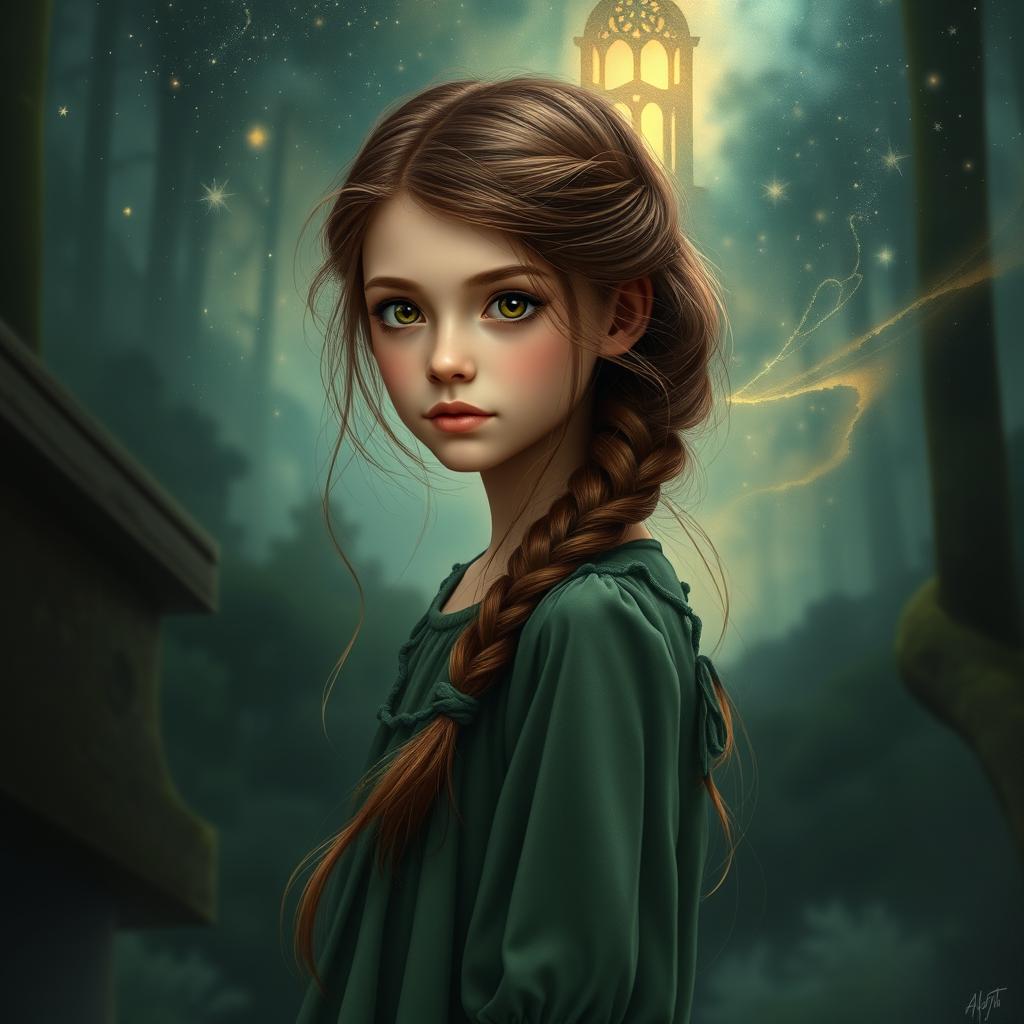 A 16-year-old girl who is petite with long chestnut hair styled in a braid