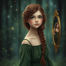 A 16-year-old girl who is petite with long chestnut hair styled in a braid