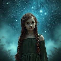 A 16-year-old girl who is petite with long chestnut hair styled in a braid