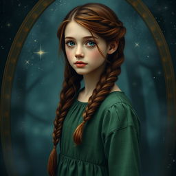 A 16-year-old girl who is petite with long chestnut hair styled in a braid