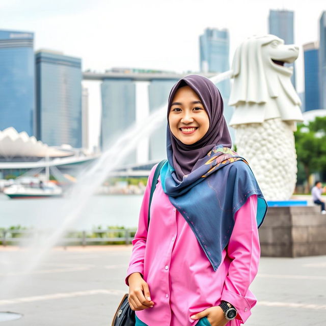 A beautiful young Korean woman wearing a colorful hijab, stylish pink Muslim shirt, and trendy skate shoes, standing confidently in front of the iconic Singapore Merlion statue