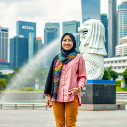 A beautiful young Korean woman wearing a colorful hijab, stylish pink Muslim shirt, and trendy skate shoes, standing confidently in front of the iconic Singapore Merlion statue