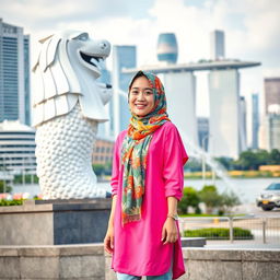 A beautiful young Korean woman wearing a colorful hijab, stylish pink Muslim shirt, and trendy skate shoes, standing confidently in front of the iconic Singapore Merlion statue