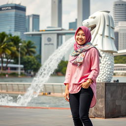 A beautiful young Korean woman wearing a colorful hijab, stylish pink Muslim shirt, and trendy skate shoes, standing confidently in front of the iconic Singapore Merlion statue