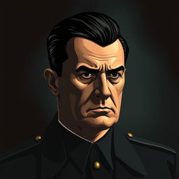 A stylized portrait of a historical figure resembling the personality of Adolf with distinctive features: a stern expression, slicked-back dark hair, and a military-style uniform