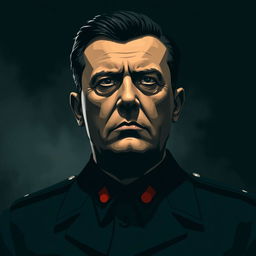 A stylized portrait of a historical figure resembling the personality of Adolf with distinctive features: a stern expression, slicked-back dark hair, and a military-style uniform